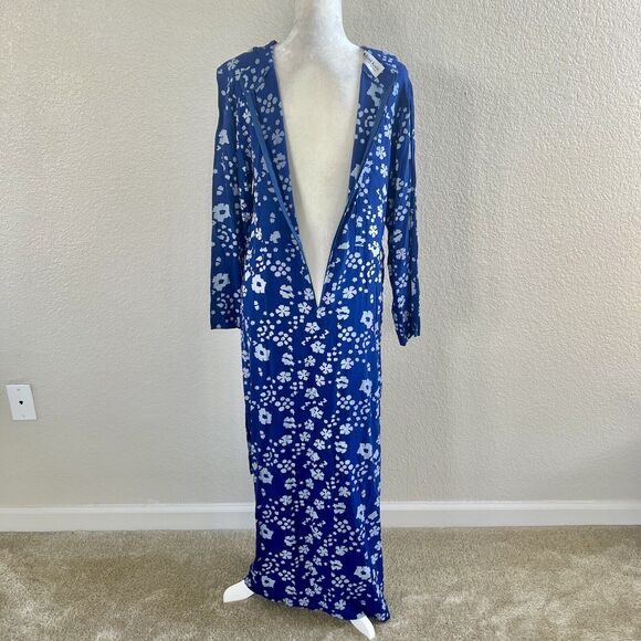 Batik Keris Dress Sz Medium Kaftan Royal Blue Floral Print Tie Waist Wax Process - Picture 13 of 15